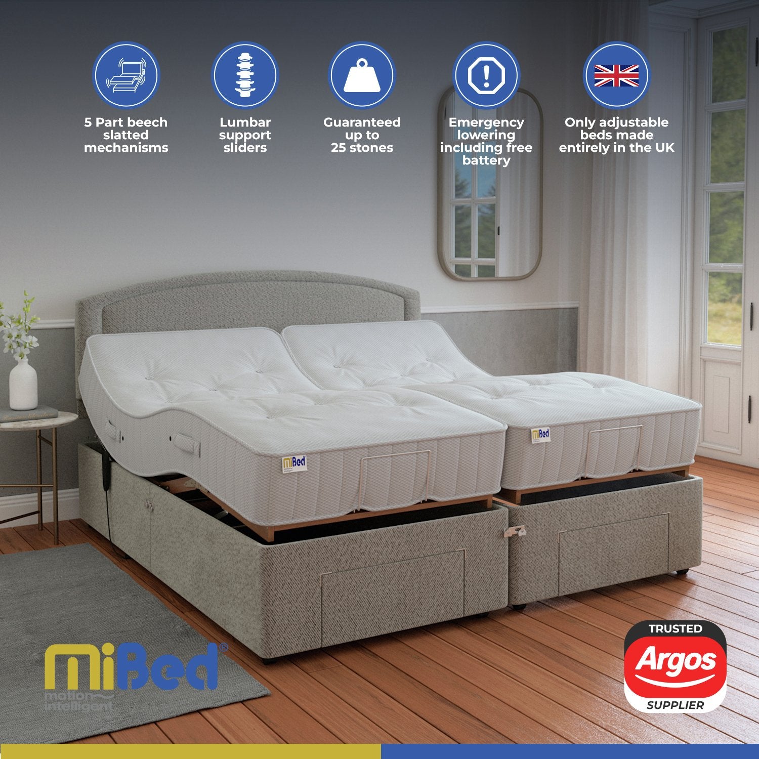 Mibed Superking adjustable bed with storage drawers in grey, imported from the UK