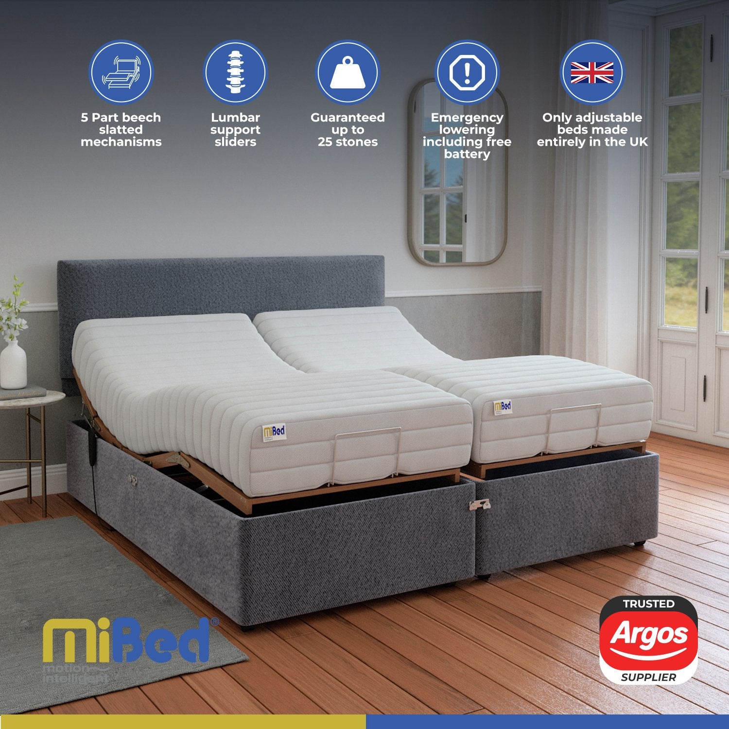 Mibed Adjustable Bed Frame and Mattress Grey Superking, imported from the UK
