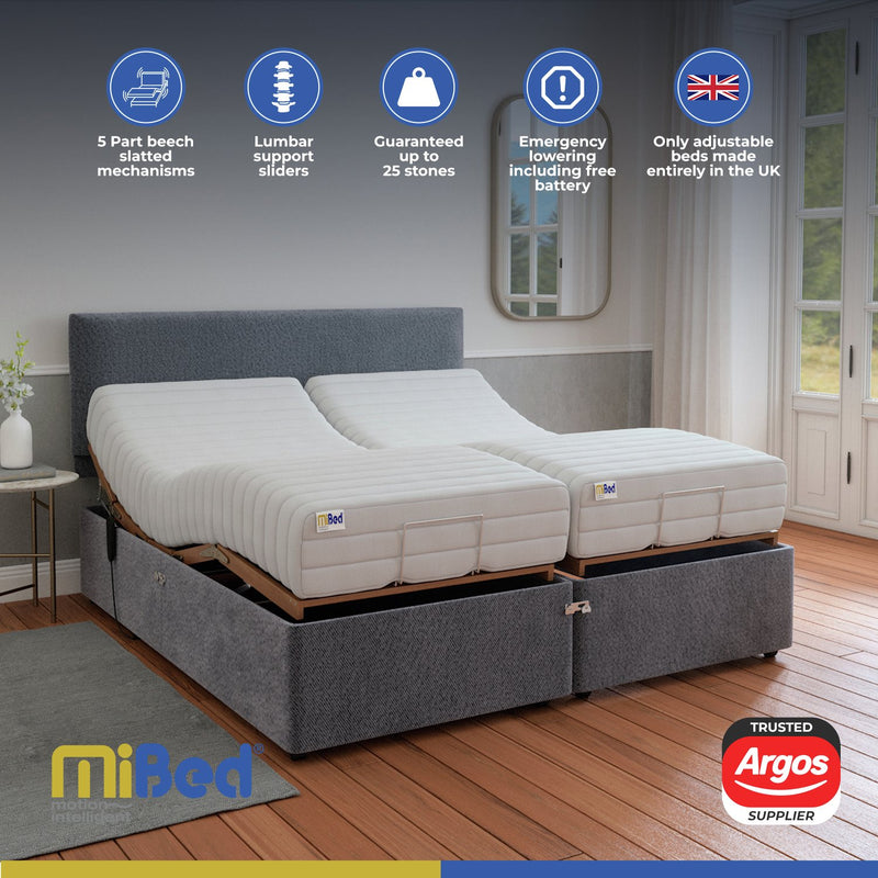 Mibed Adjustable Bed Frame and Mattress Grey Superking, imported from the UK