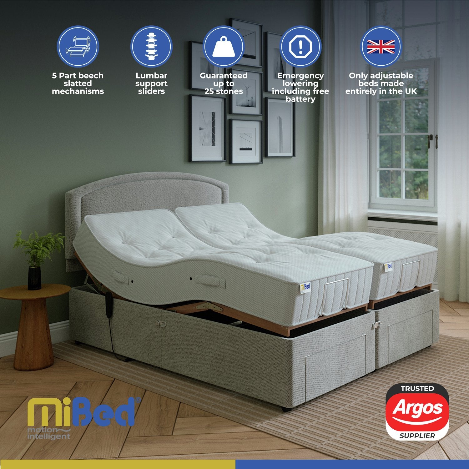 Mibed Kingsize adjustable bed and mattress Dark Grey, imported from the UK