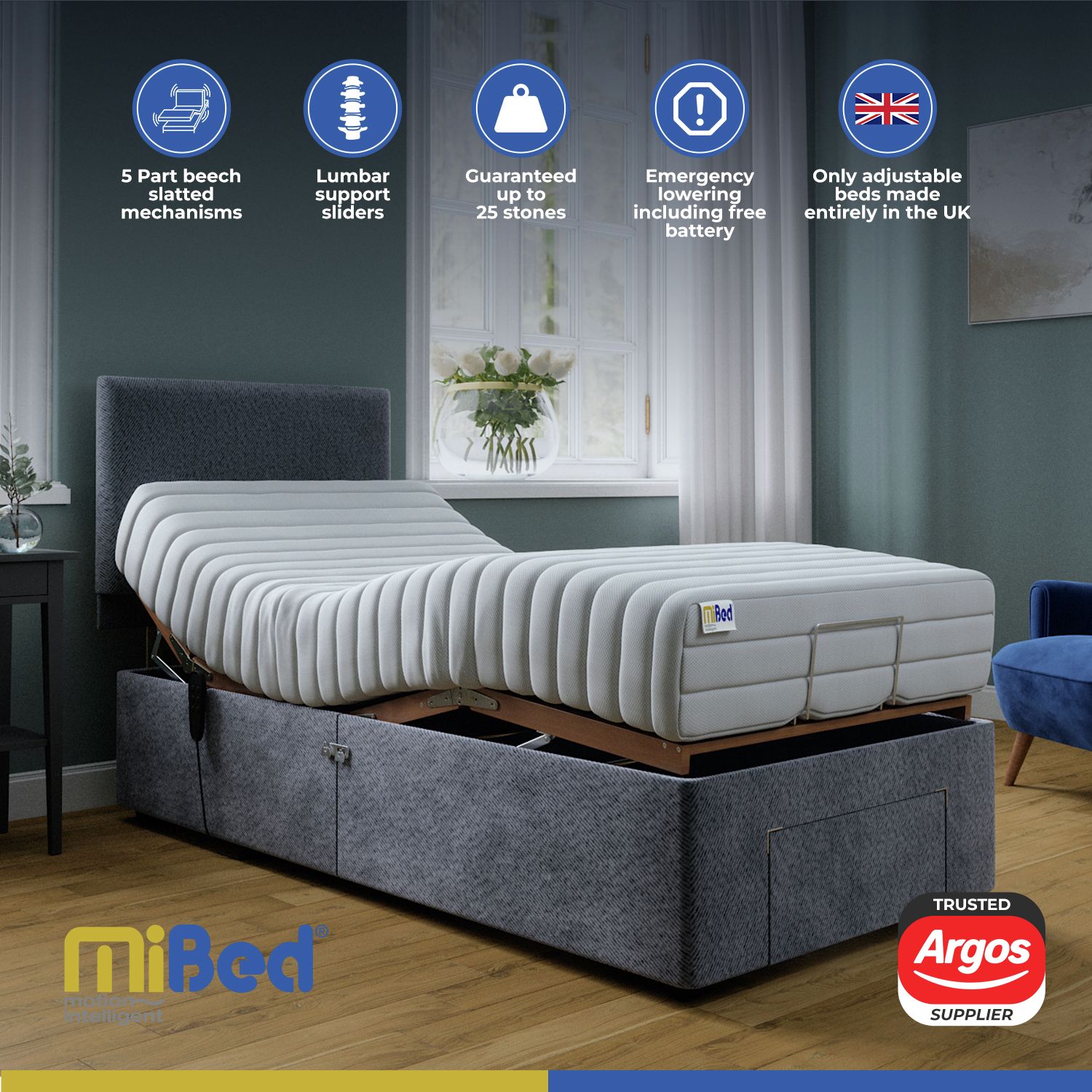 Mibed Single Adjustable Bed with Mattress Grey, imported from the UK