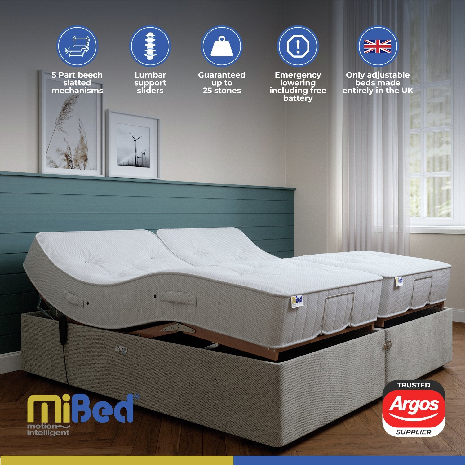 Mibed superking adjustable bed and mattress set in grey, imported from the UK