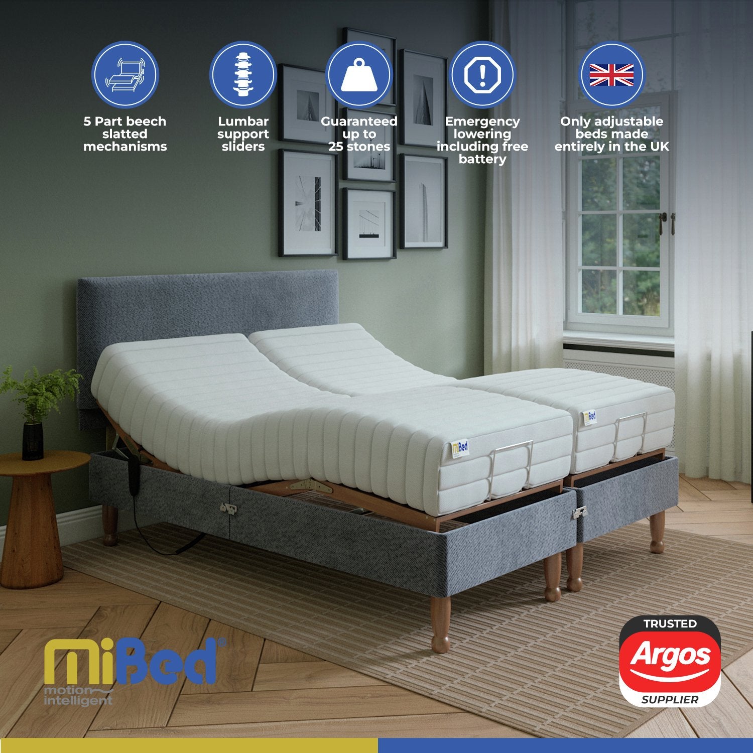 Mibed Adjustable Bed with Mattress Grey Kingsize, imported from the UK