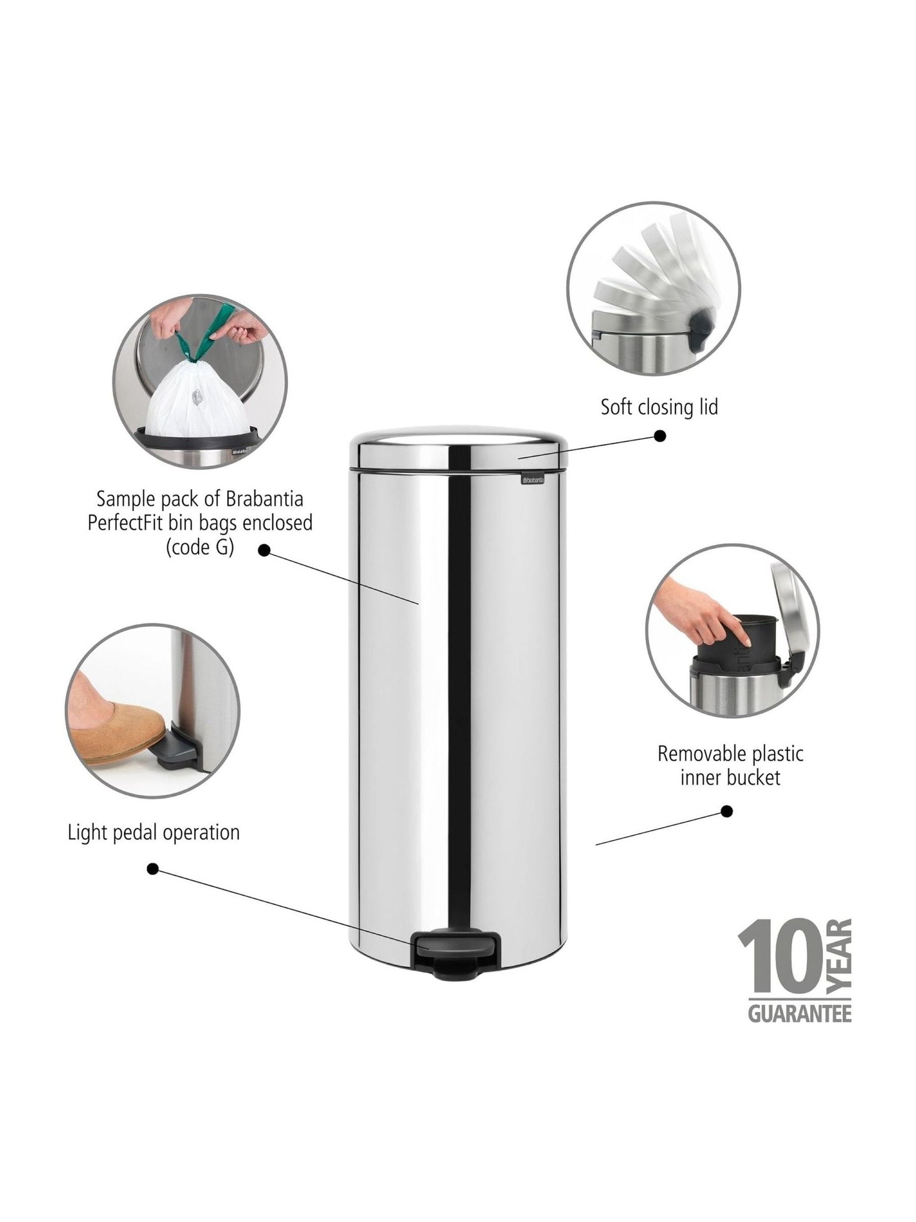 Brabantia Brilliant Steel NewIcon 30L pedal bin - British product