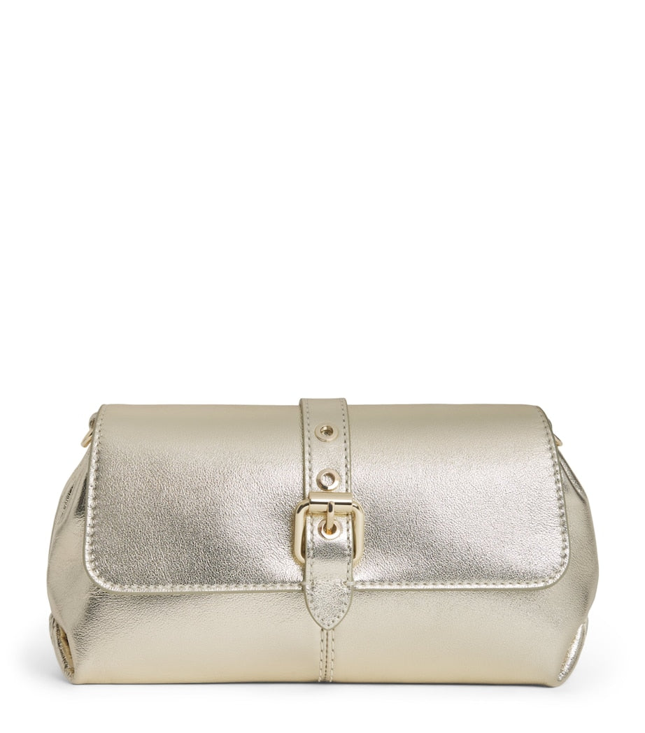Maje metallic leather Miss M clutch bag with gold buckle, imported from the UK