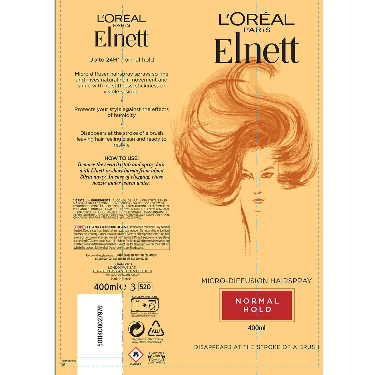 L'Oreal Elnett Hårspray Normal Hold 2 x 400ml, UK versjon