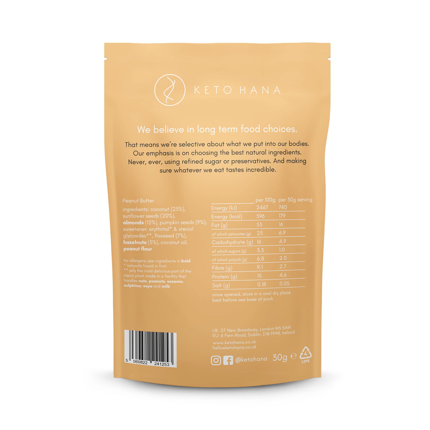 Keto Hana Peanut Butter Granola 30g packet, UK version