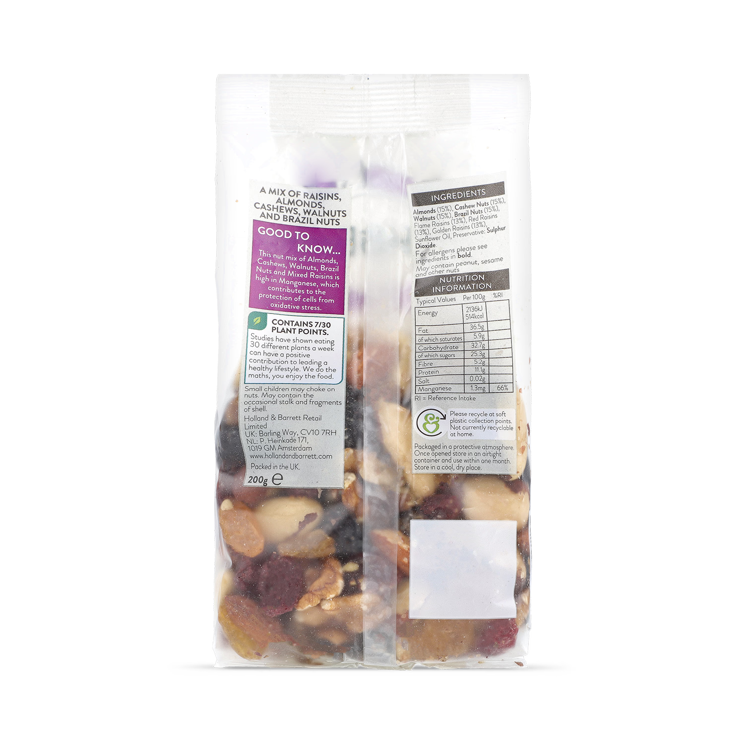 Holland & Barrett mixed nuts and raisins mix 200g, UK version