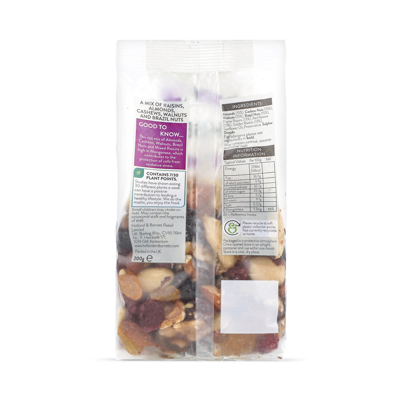 Holland & Barrett mixed nuts and raisins mix 200g, UK version