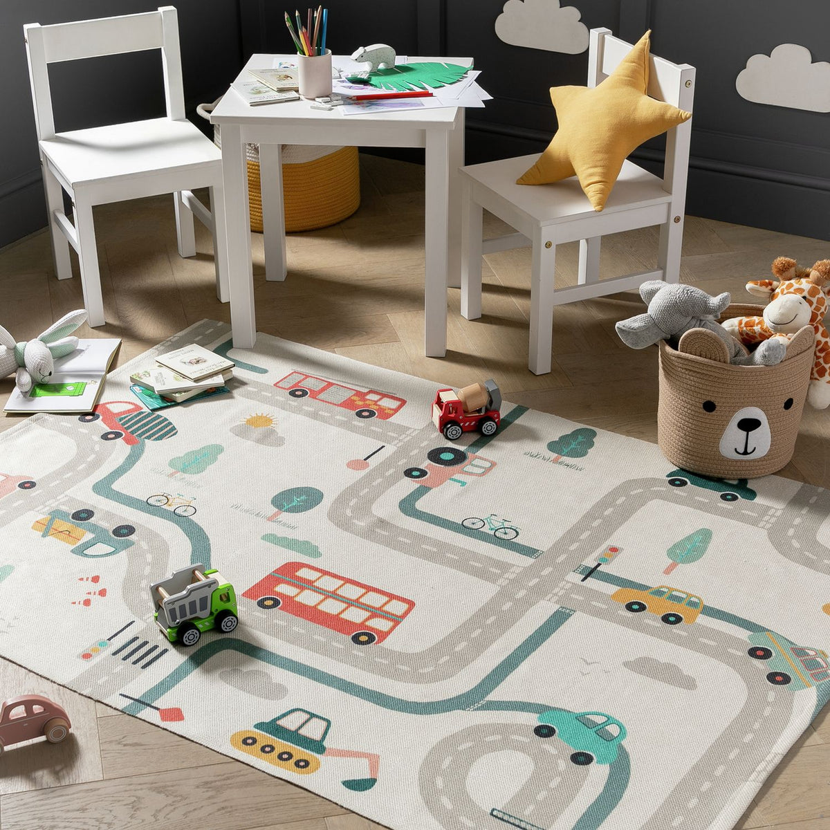Habitat kids transport print natural flatweave rug 120x170cm, UK version