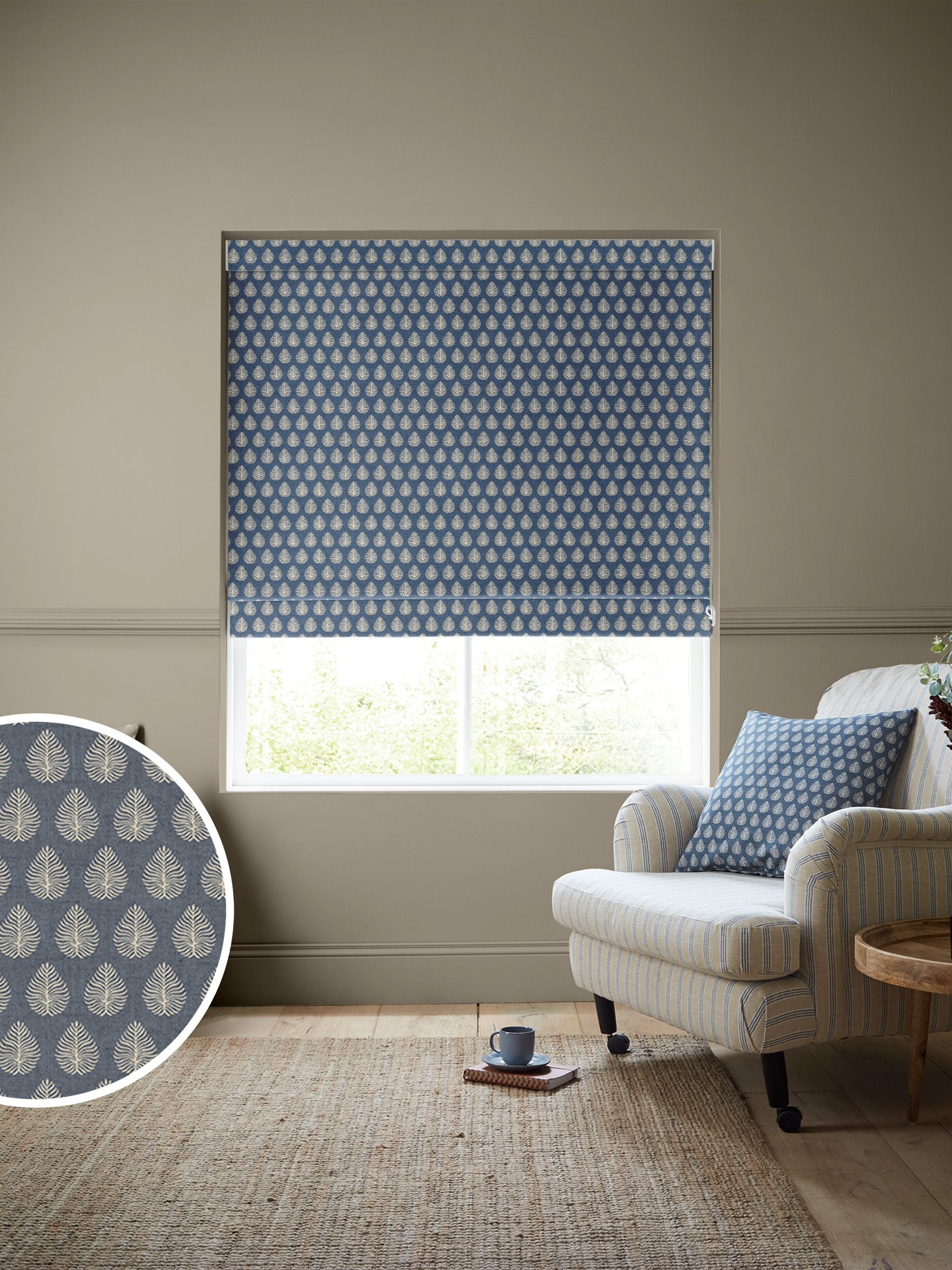 Emily Bond Indigo Blue 100% cotton Roman blind, UK version
