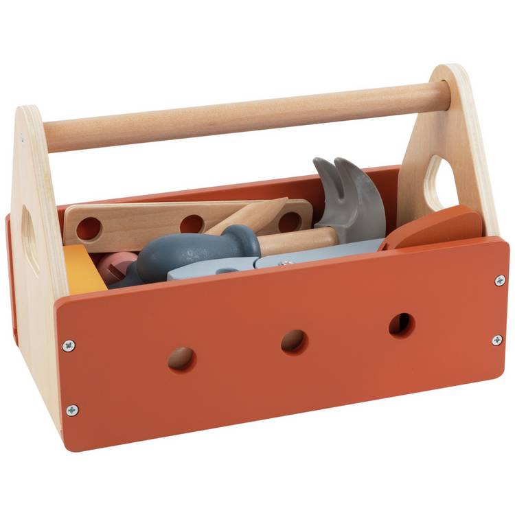 Chad Valley brown wooden tool box with 20 pieces, UK version