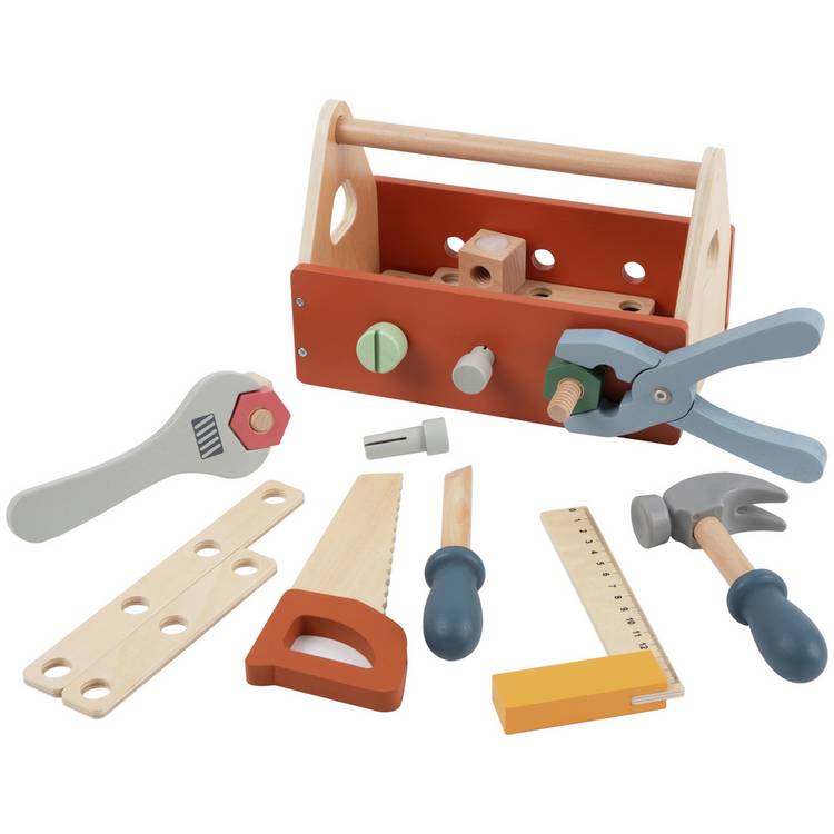Chad Valley brown wooden tool box with 20 pieces, UK version