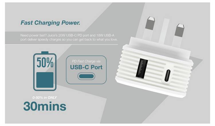 Juice Dual Port 20W PD Charger White - British product