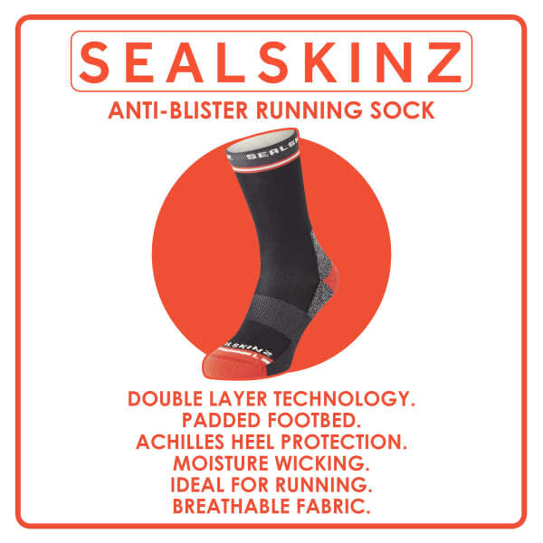 Sealskinz anti-blister mid length running socks, imported from the UK