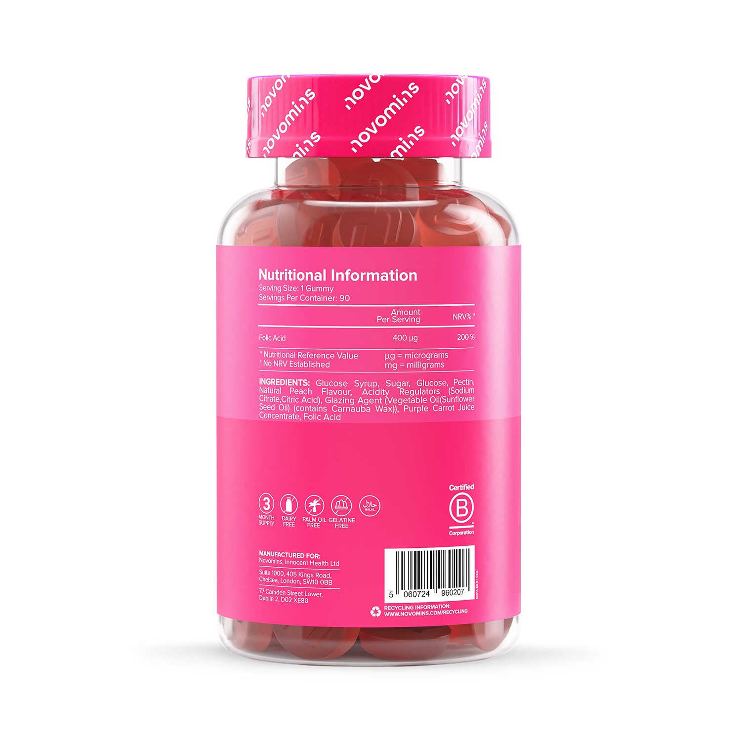 Novomins folic acid gummies peach 400µg 90 count - British product