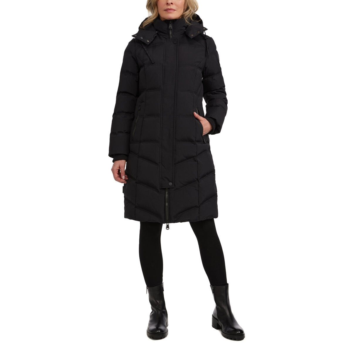 Pajar ladies long down coat in black and navy, imported from the UK