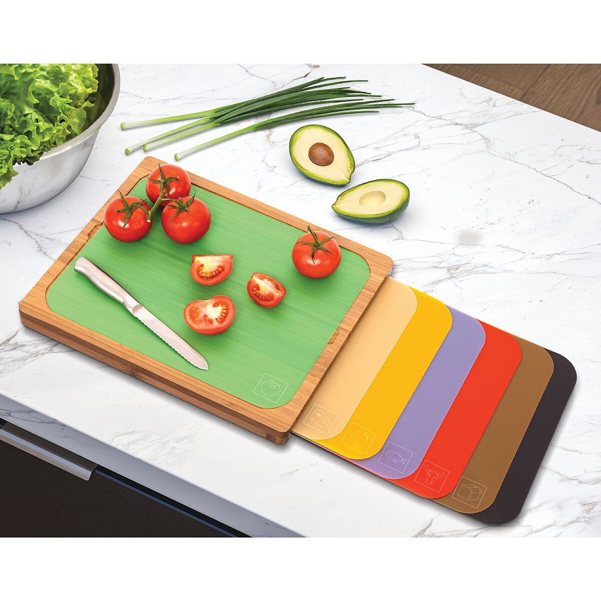 Seville Classics Bamboo Cutting Board with 7 Colour Coded Chopping Mats GOODS Costco UK