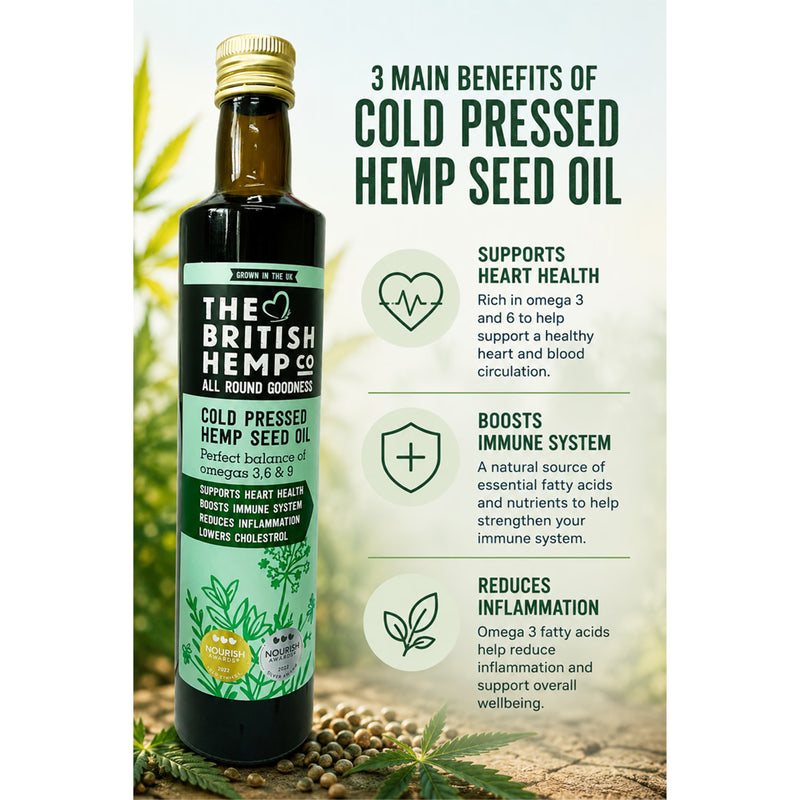 The British Hemp Co cold pressed hemp seed oil 500ml, UK version