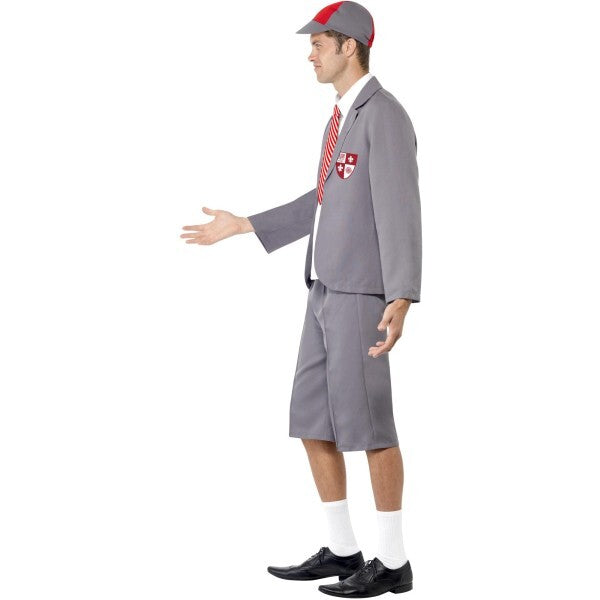 Smiffys schoolboy costume with grey blazer, shorts and cap, imported from the UK