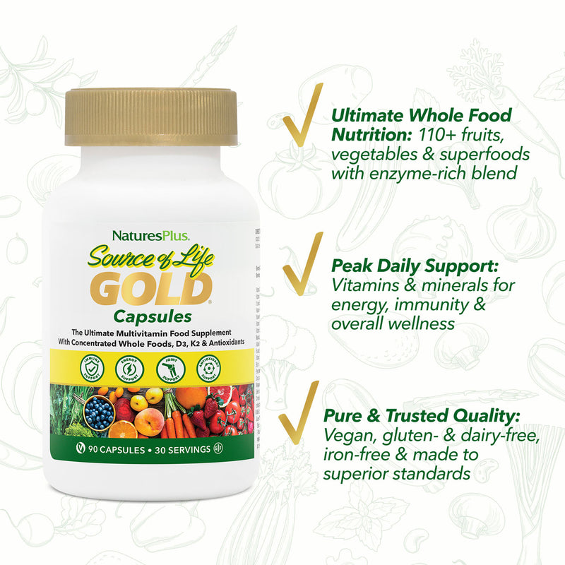 NaturesPlus Gold multivitamin capsules 90 count, imported from the UK