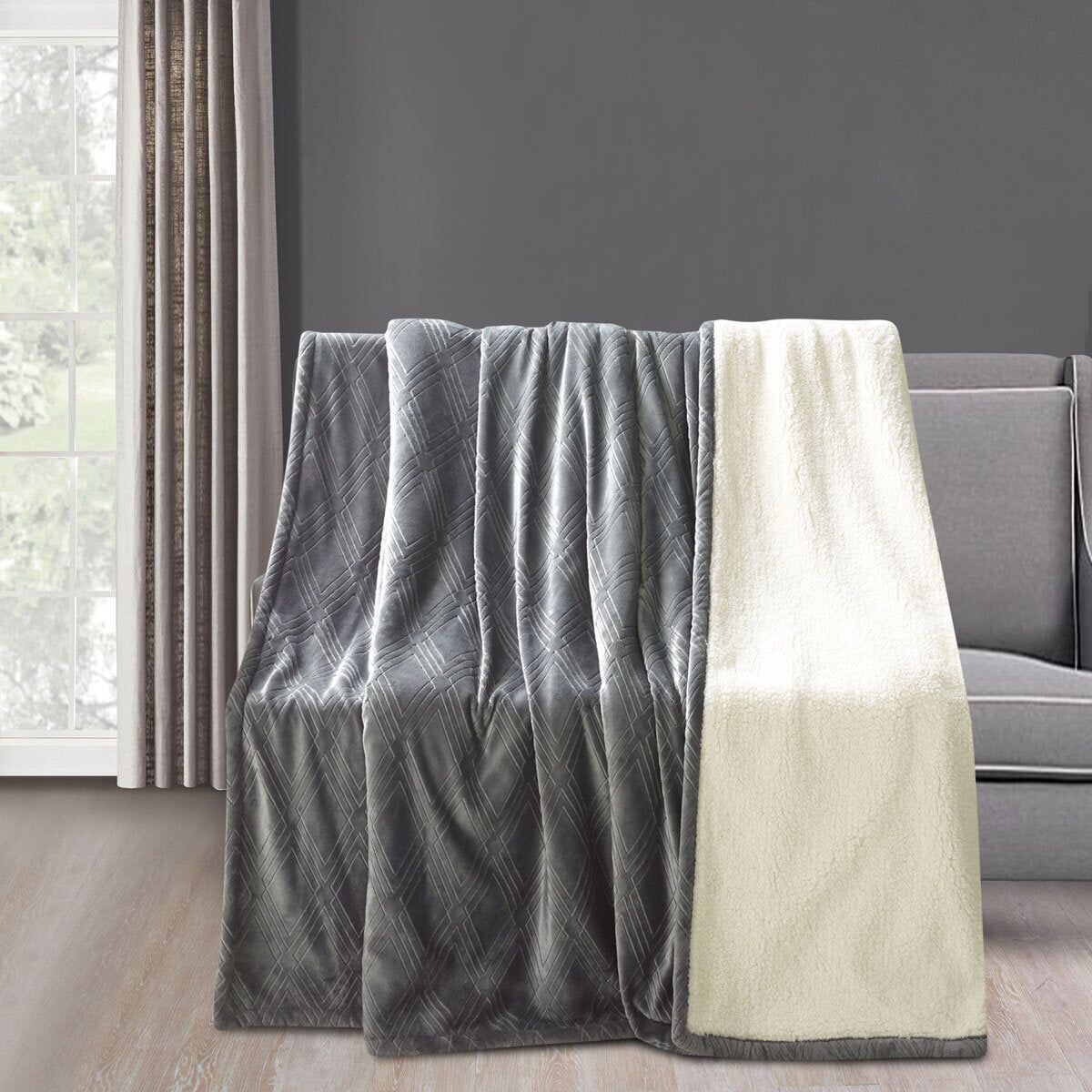 Etched Velvet Sherpa Blanket in 4 colours, 228 x 228 cm GOODS Costco UK