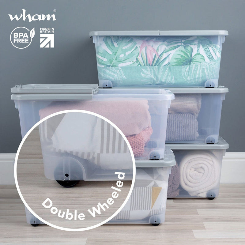 Wham 45 litre clear grey wheeled storage boxes, UK version