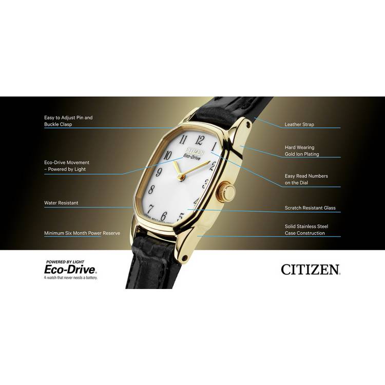Citizen Eco-Drive ladies watch gold tone black strap 20mm UK version