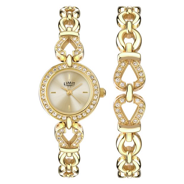 Limit gold plated watch and bracelet set with stones, UK version