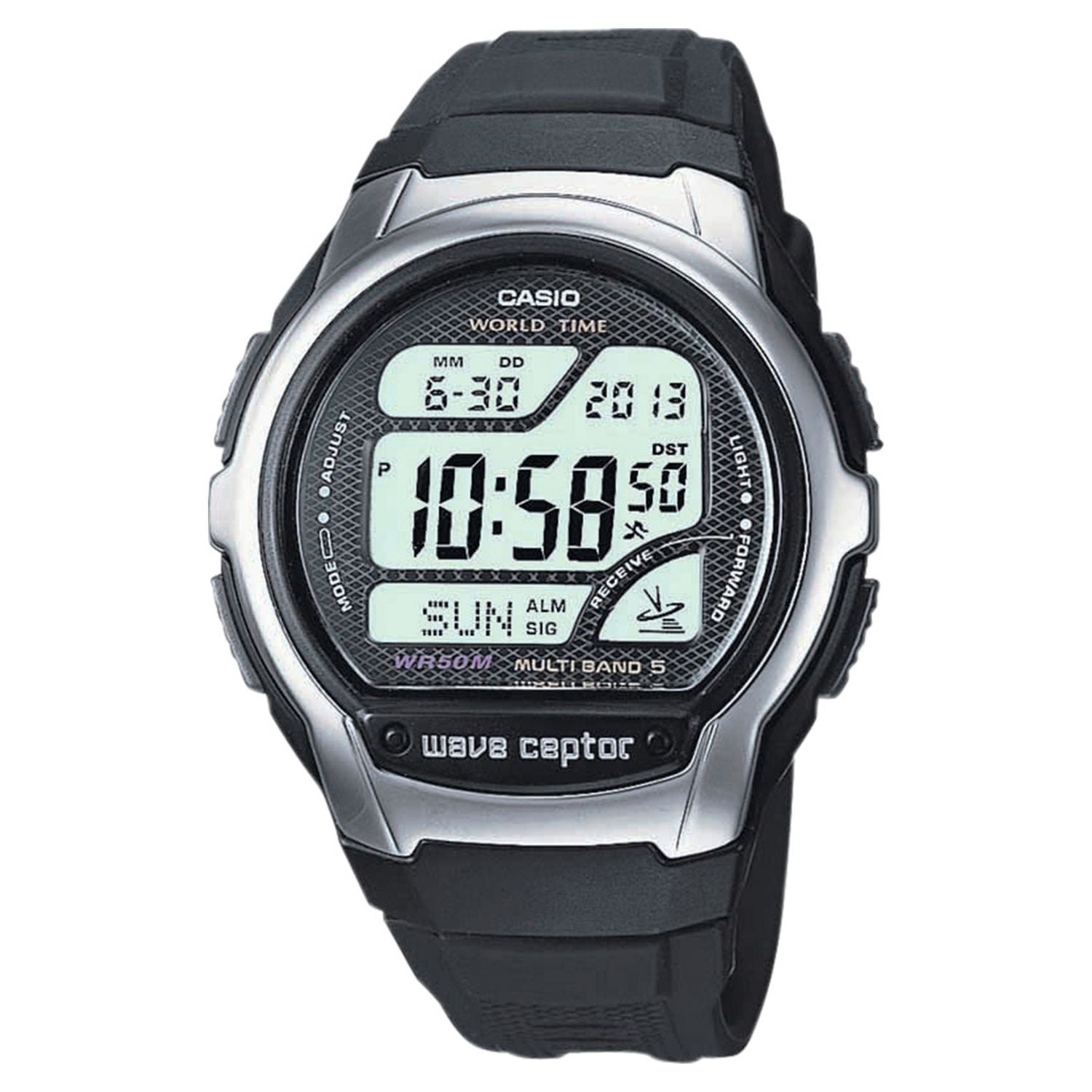 Casio Wave Ceptor LCD digital watch with black resin strap, imported from the UK
