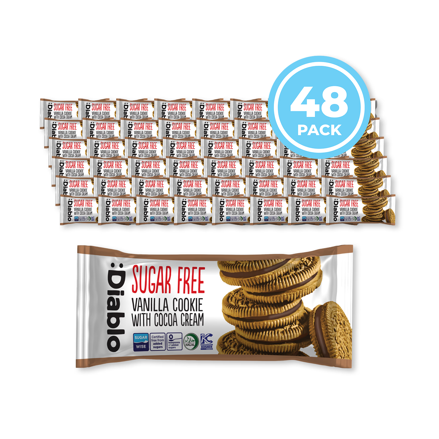 Diablo sugar free vanilla sandwich cookies 44g pack of 48, imported from the UK