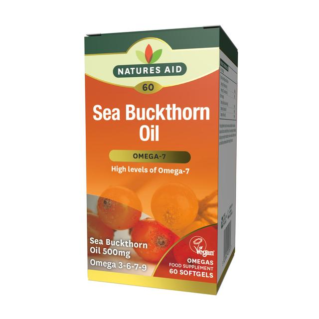 Natures Aid Sea Buckthorn Oil Omega-7 Soft Gel Supplement Capsules 500mg    60 per pack