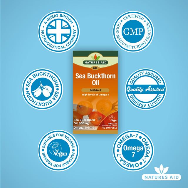 Natures Aid Sea Buckthorn Oil Omega-7 Soft Gel Supplement Capsules 500mg    60 per pack GOODS M&S   