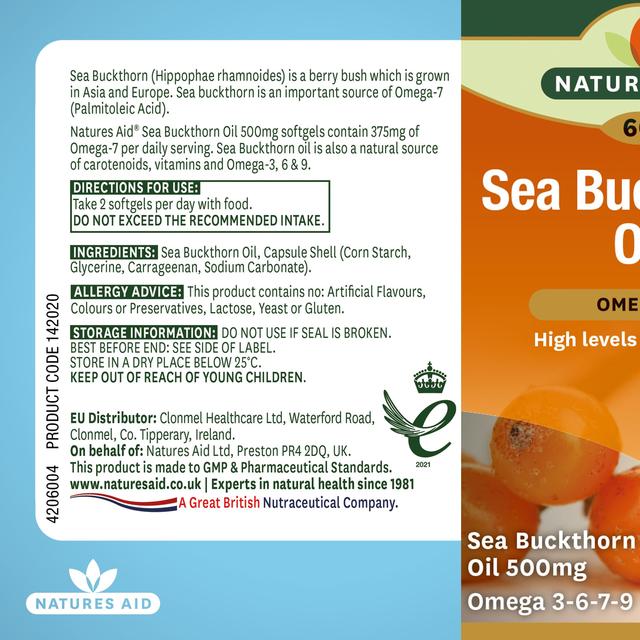 Natures Aid Sea Buckthorn Oil Omega-7 Soft Gel Supplement Capsules 500mg    60 per pack GOODS M&S   