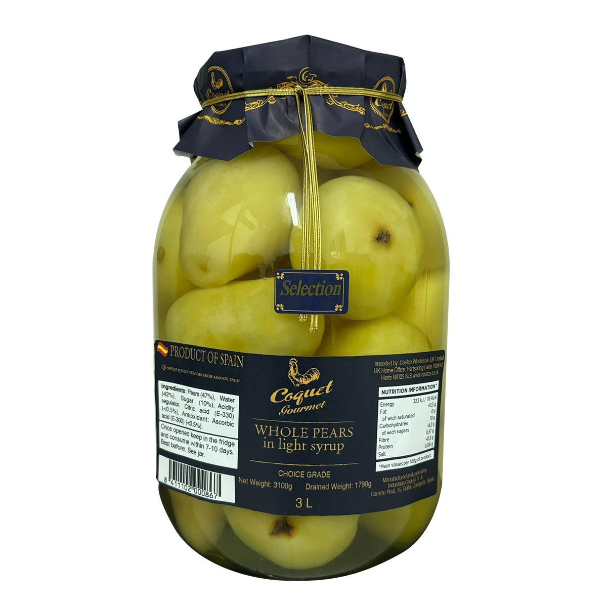 Coquet whole pears light syrup 3L tin - British product