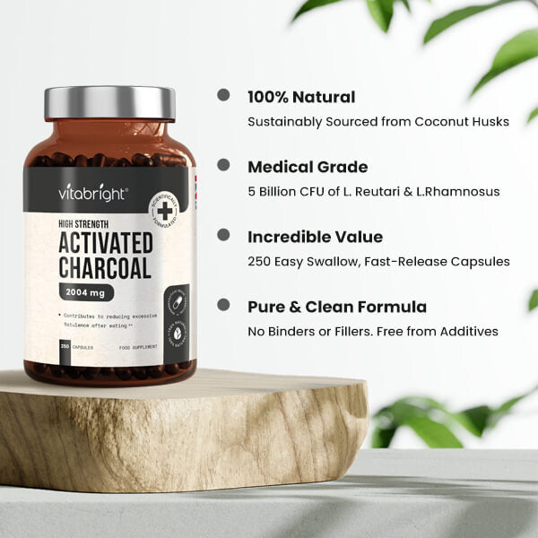 VitaBright activated charcoal 250 max-strength capsules (British brand)