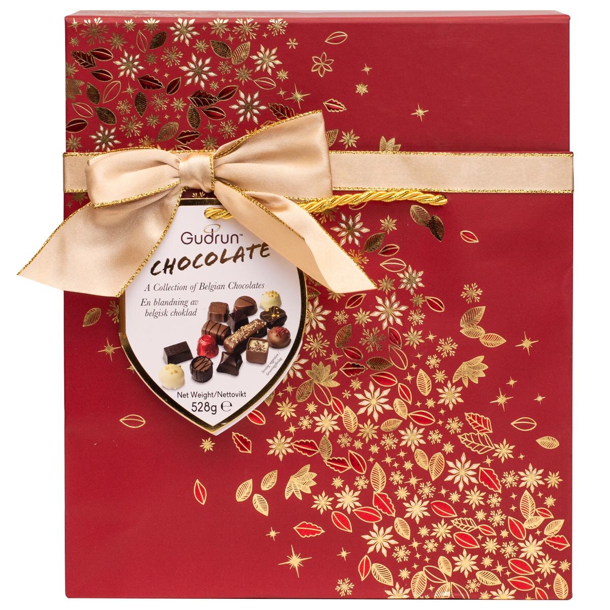 Gudrun assorted chocolate box with milk, dark, and white chocolate 530g, UK version