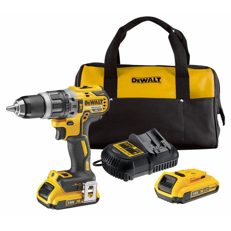 DEWALT brushless hammer drill driver kit with 2x2Ah batteries, imported from the UK