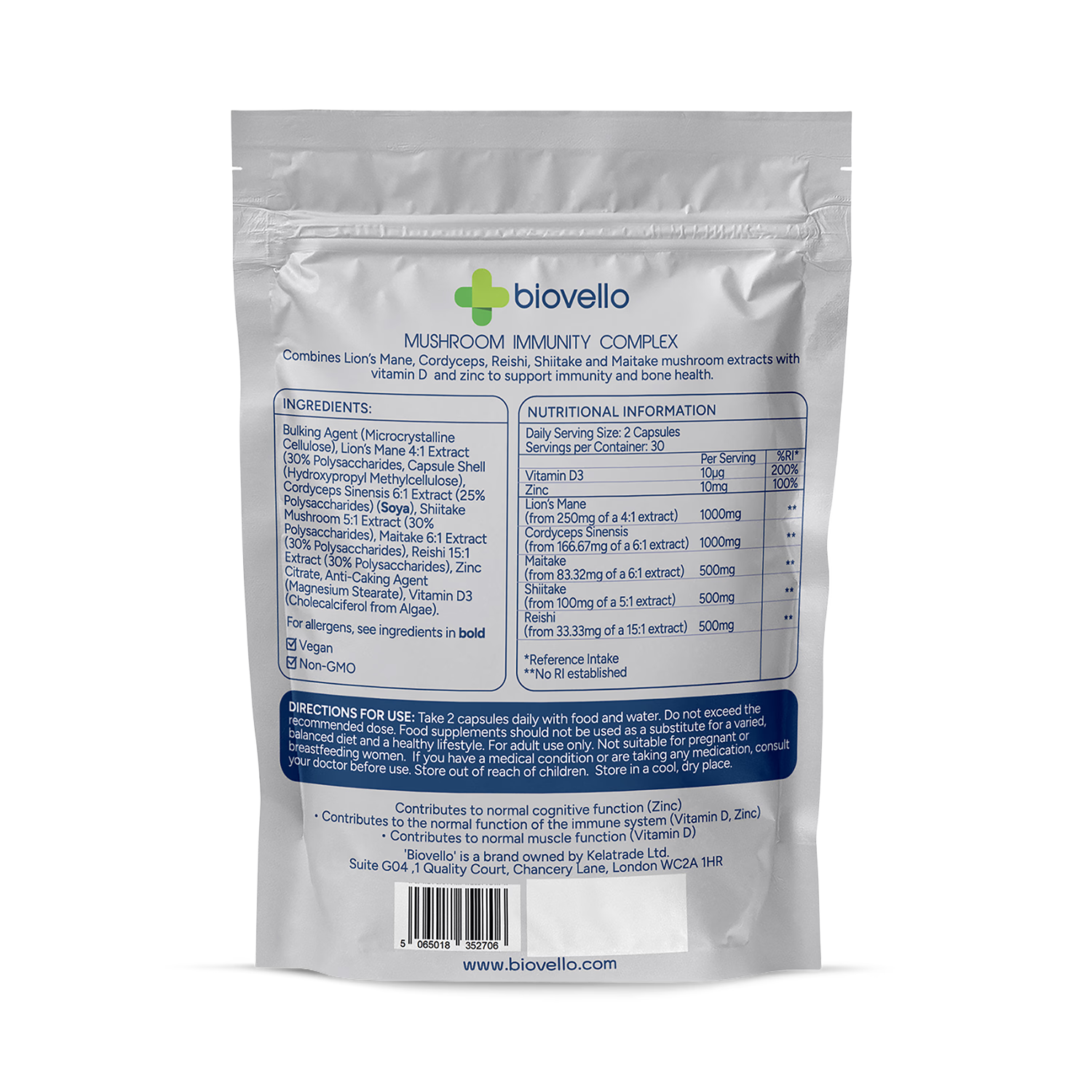 Biovello mushroom immunity complex 60 capsules, UK version