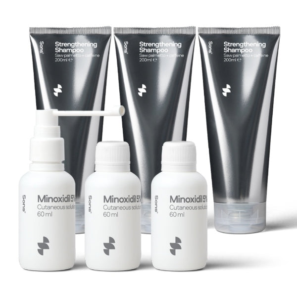 Sons Minoxidil 5% spray and shampoo for hair loss, imported from the UK