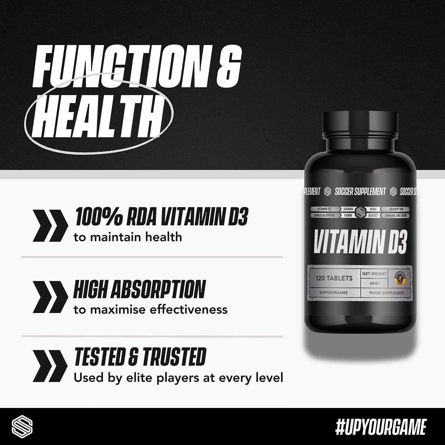 Soccer Supplement Vitamin D3 2000 IU high strength 120 capsules (British brand)