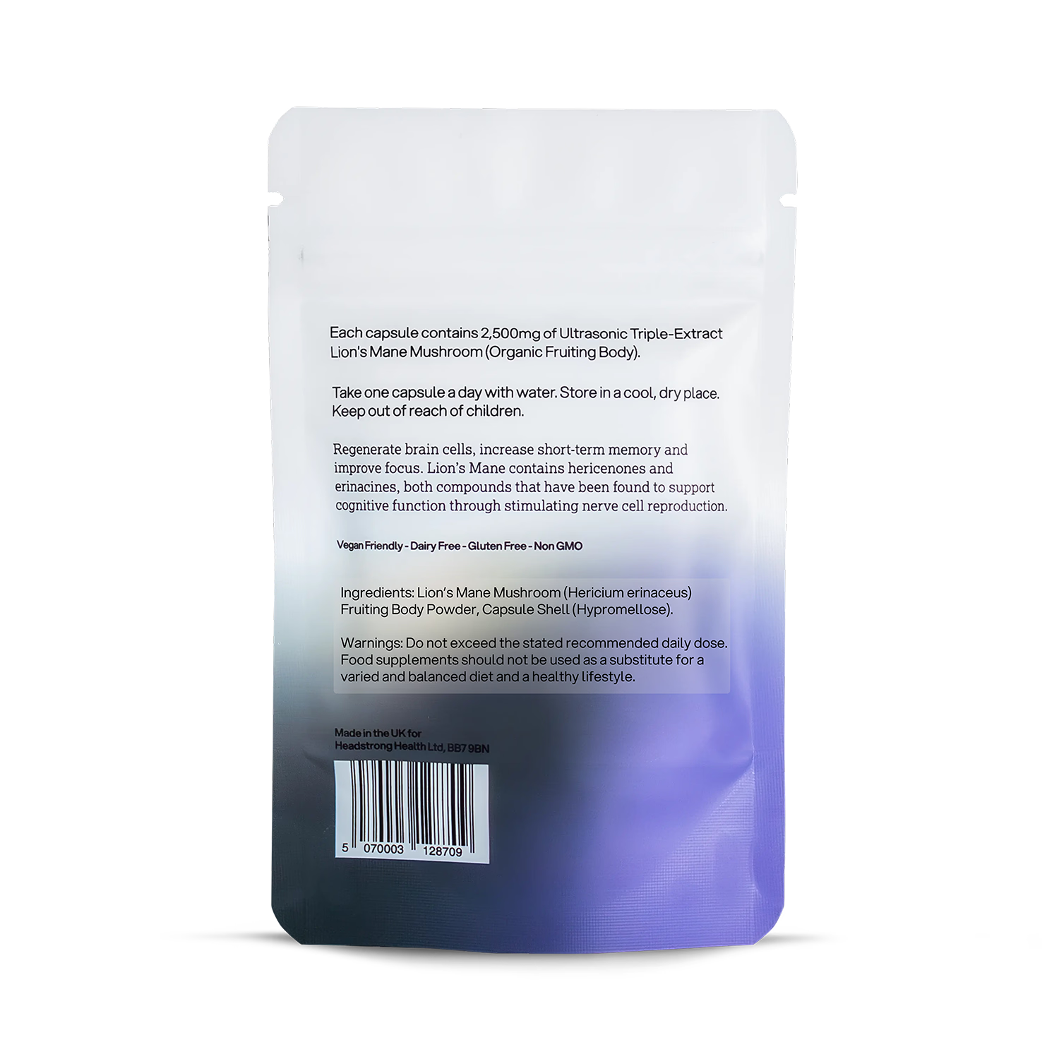 Headstrong Lion's Mane mushroom supplement 30 capsules - British product