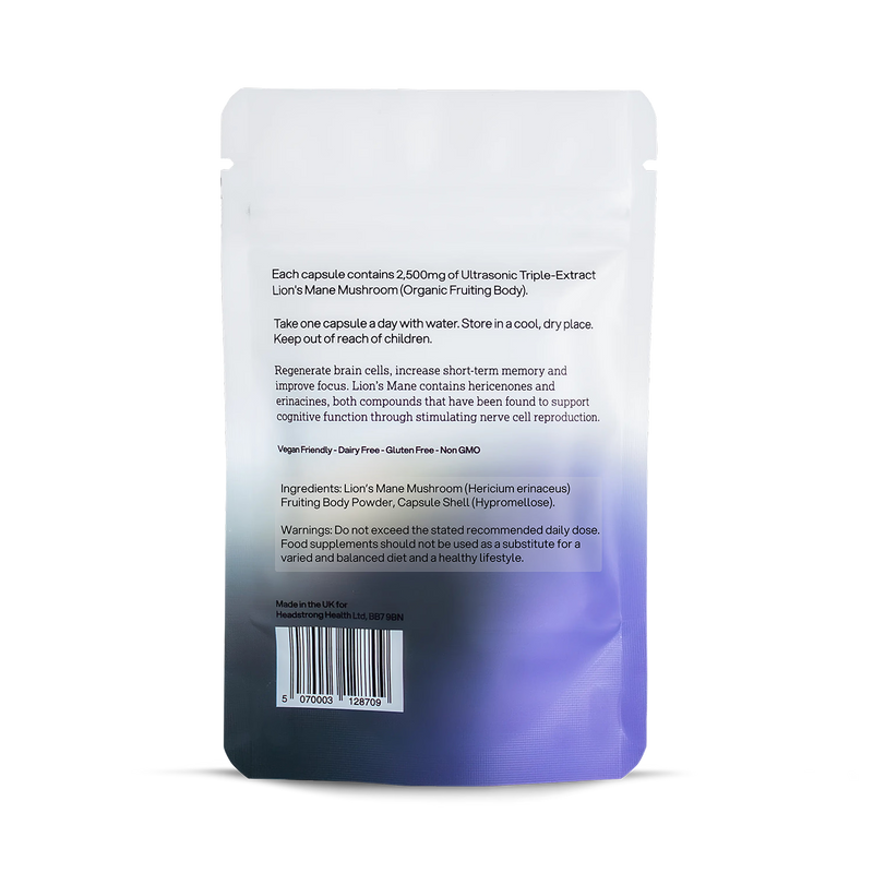 Headstrong Lion's Mane mushroom supplement 30 capsules - British product