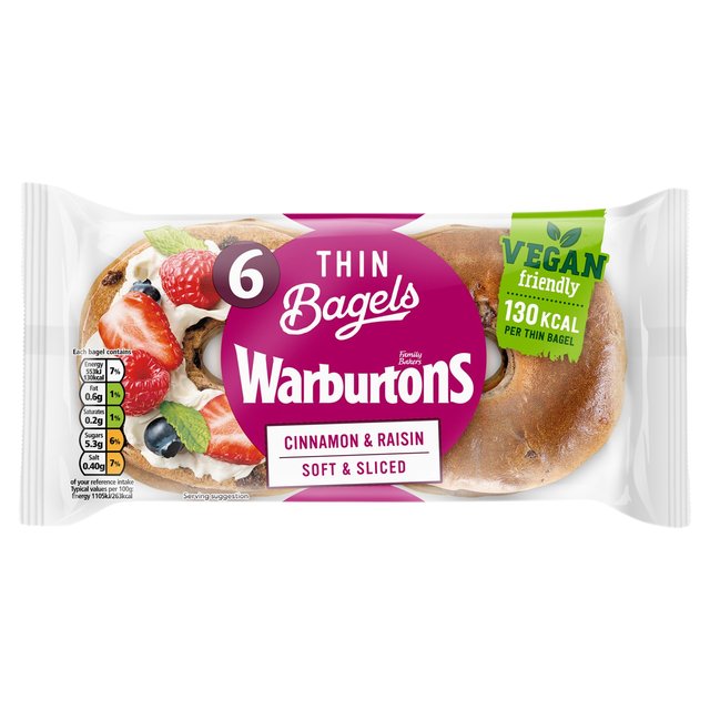 Warburtons Cinnamon & Raisin Thin Bagels   6 per pack