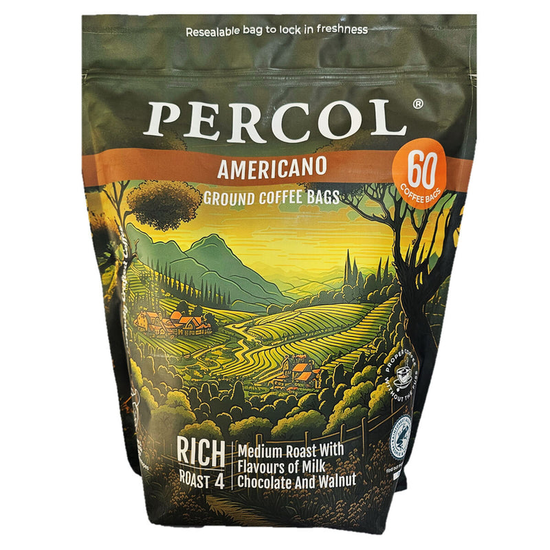 Percol Americano coffee bags 60 x 8g, imported from the UK