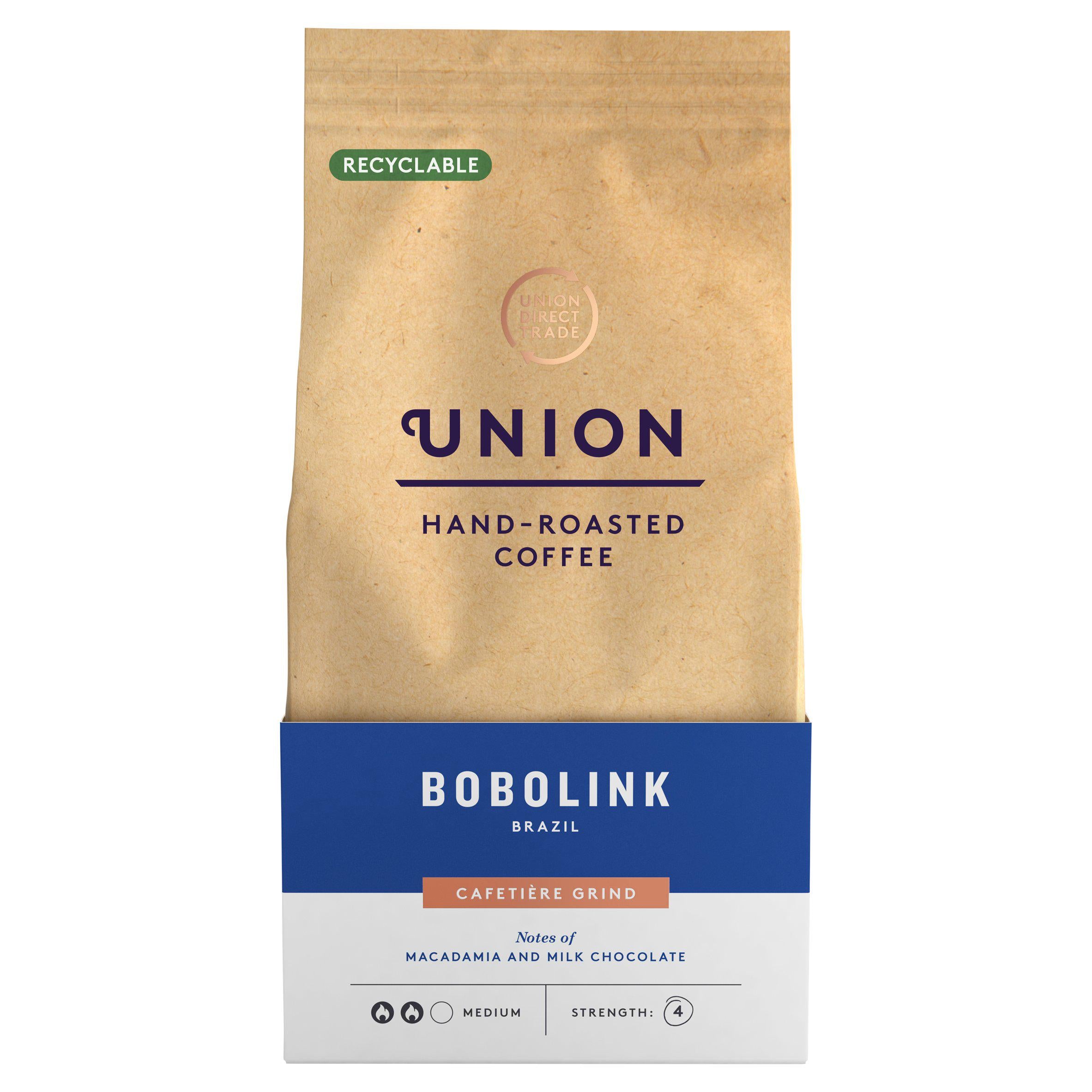 Union Hand-Roasted Coffee Bobolink Brazil Cafetière Grind 200g All coffee Sainsburys   