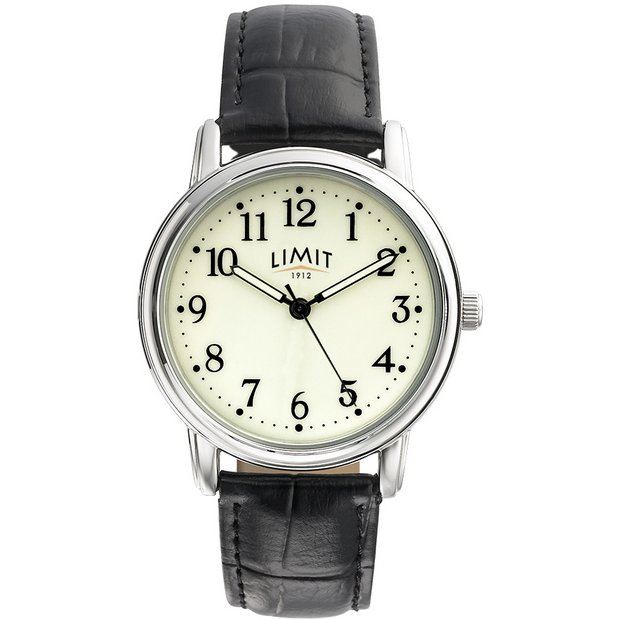 Limit men's glow dial watch with black faux leather strap - British product