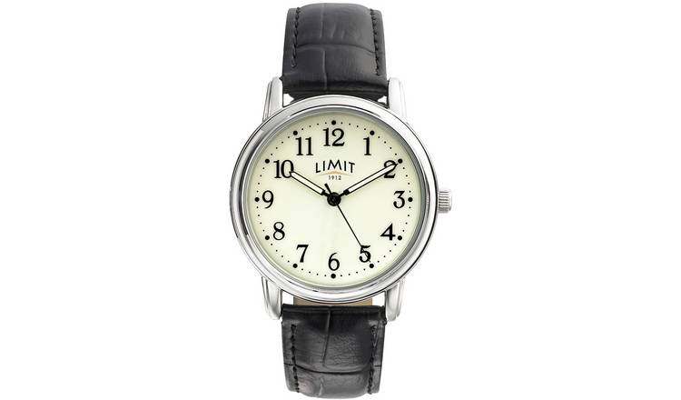 Limit Men's Glow Dial Black Faux Leather Strap Watch