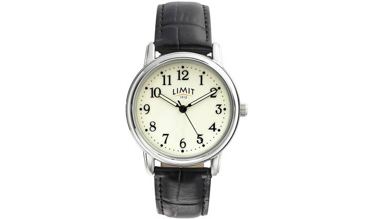 Limit men's glow dial watch with black faux leather strap - British product
