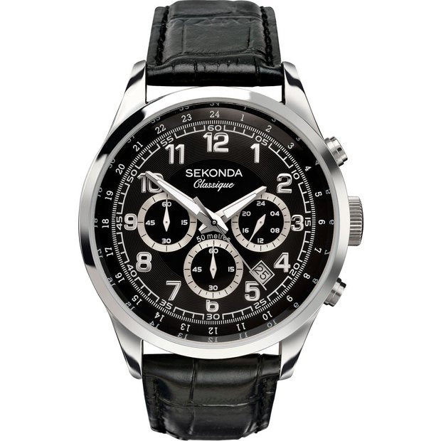 Sekonda men's black leather strap watch 43.5mm (British brand)